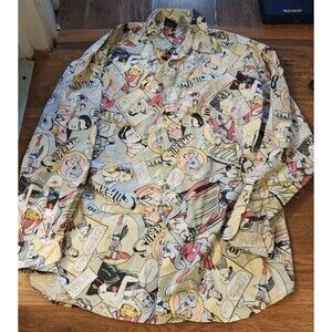 VTG 90s DC Comics Superman Clark Kent Button Up Shirt AOP Mens XL All Over Print